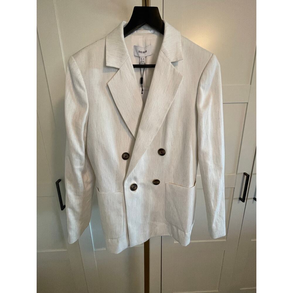 REISS Taupe / White Pinstripe Avalon Linen Blend Blazer - Picture 4 of 12